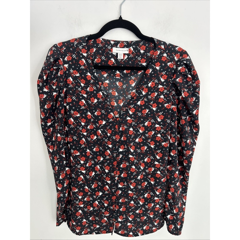 Top Shop Women's 10 Long Puff Sleeve Button Up Back Tie V-Neck Black Red Blouse